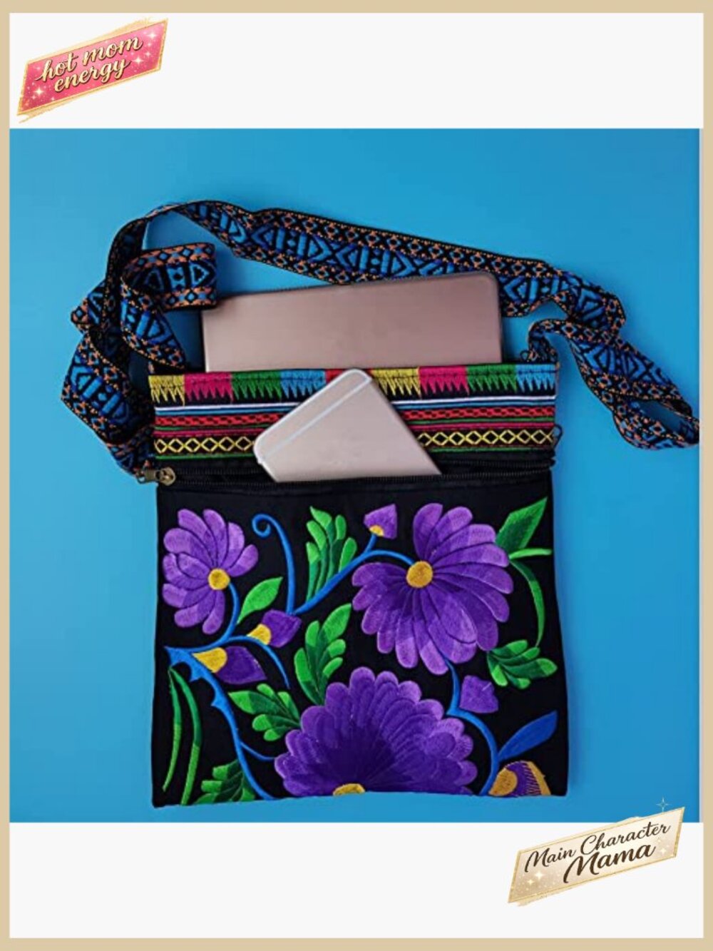 Vintage Embroidered Hobo Crossbody Bag Boho Hippie Travel Purse Zipper Pockets - Picture 4 of 7